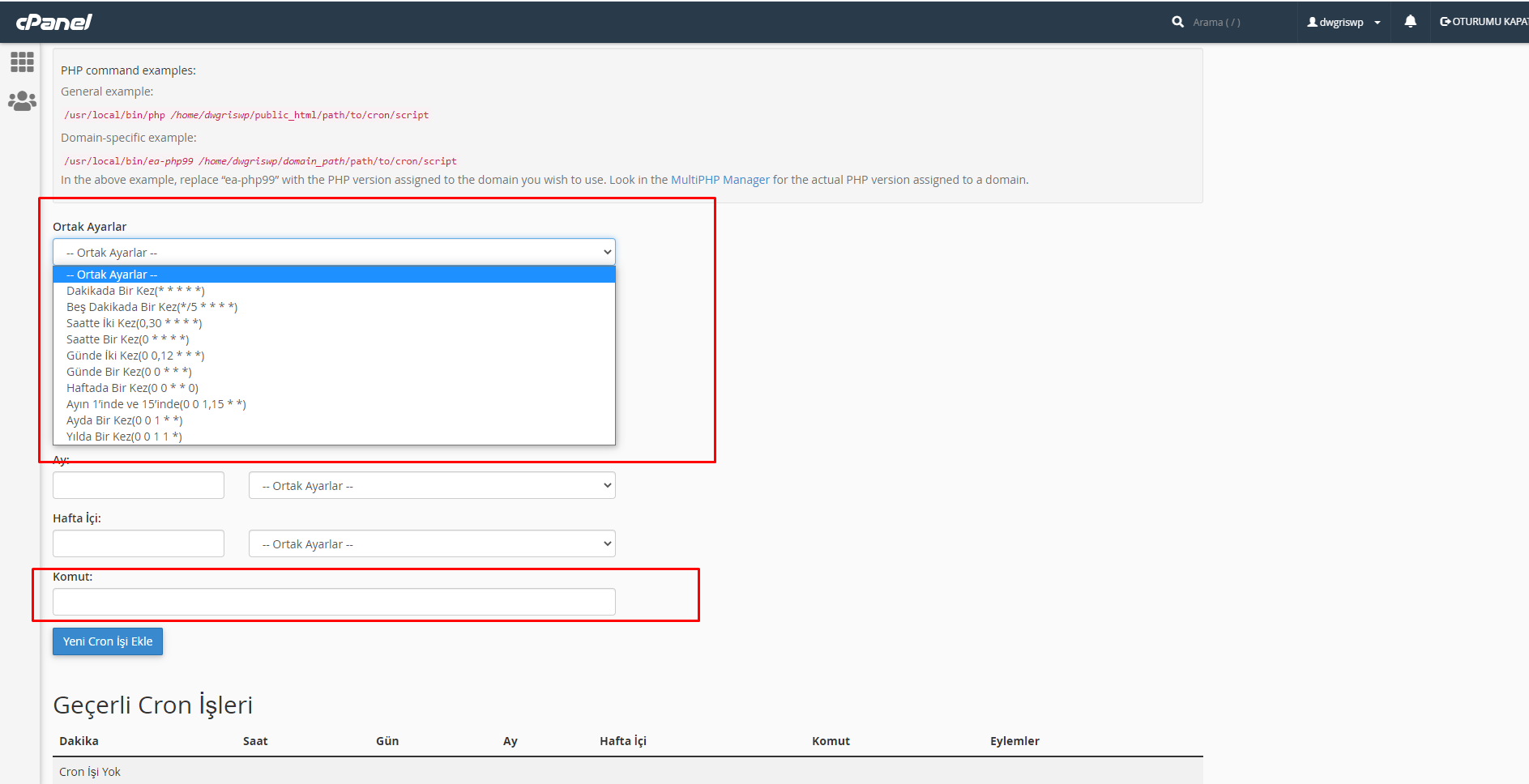 Cpanel cron job ekleme